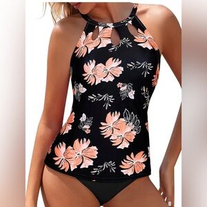 NWT Yonique Women’s Floral Swim Tankini high neck cut out Top, Size LG, NWT